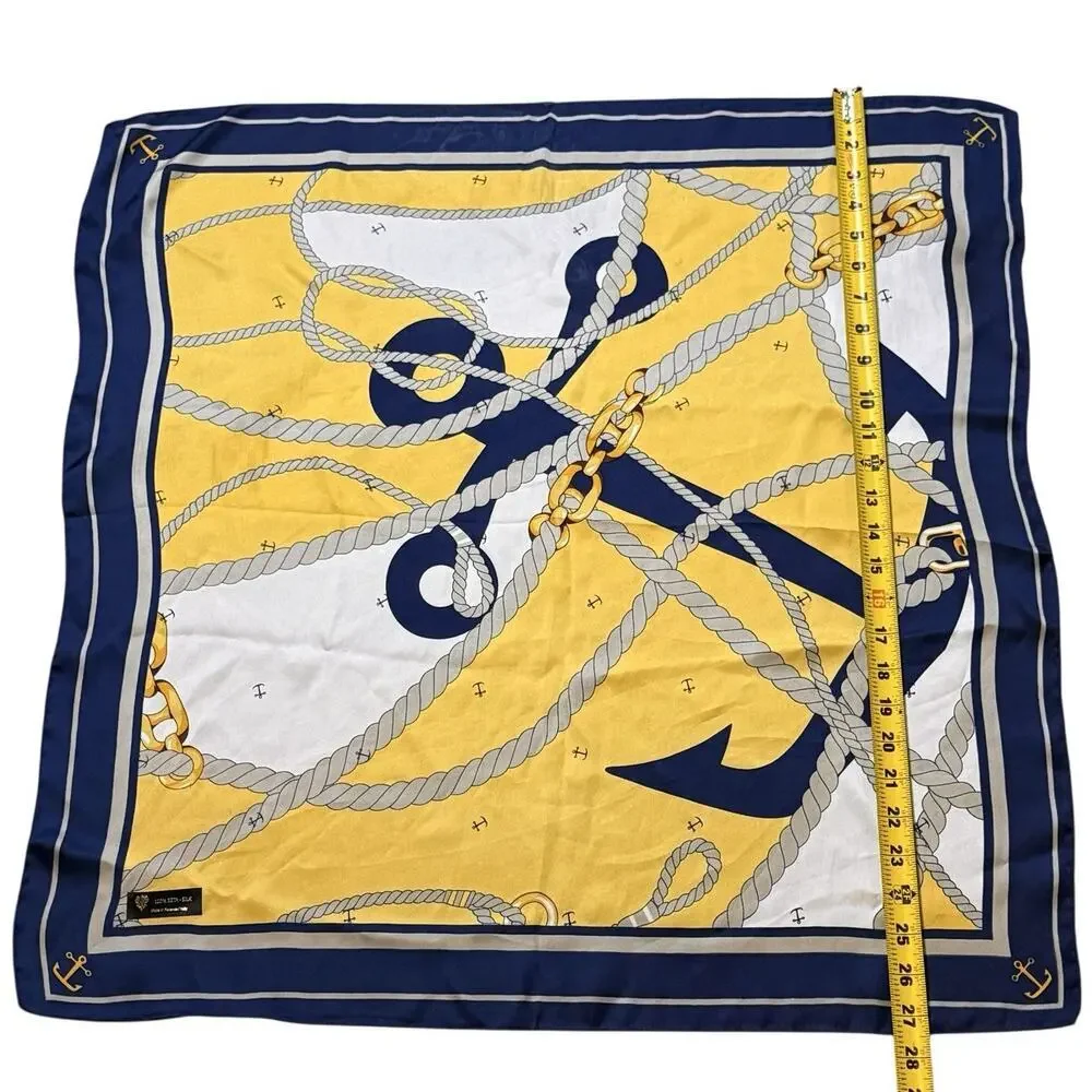 Nautical Anchor Rope Chain 100% Silk Square Scarf Navy Yellow White Classic 27”